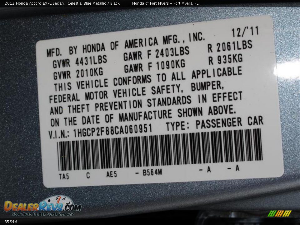 Honda Color Code B564M Celestial Blue Metallic