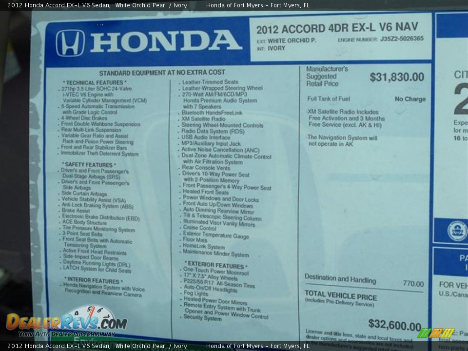 2012 Honda Accord EX-L V6 Sedan Window Sticker Photo #9