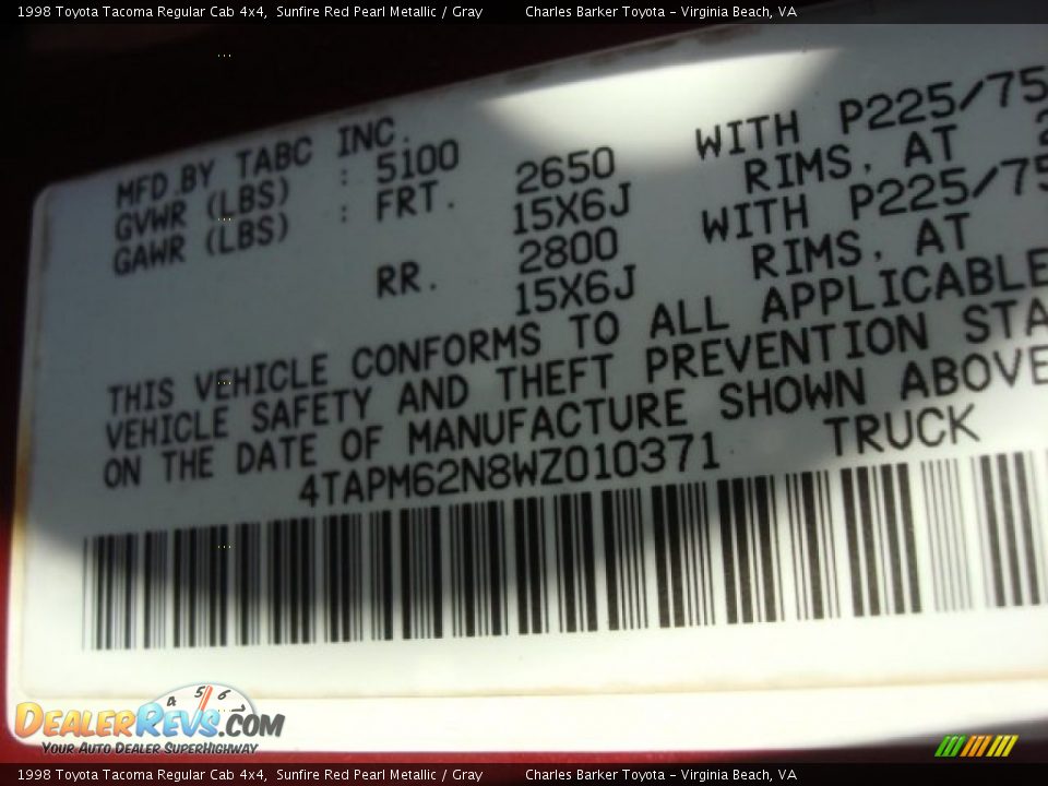 1998 Toyota Tacoma Regular Cab 4x4 Sunfire Red Pearl Metallic / Gray Photo #24