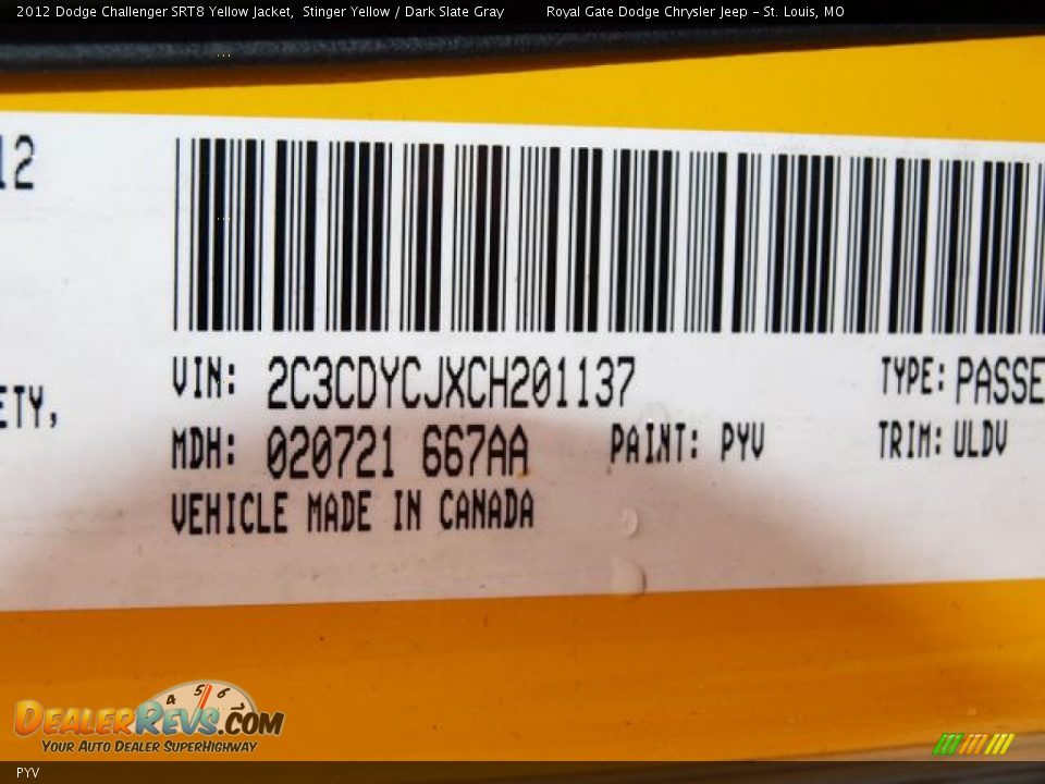 Dodge Color Code PYV Stinger Yellow