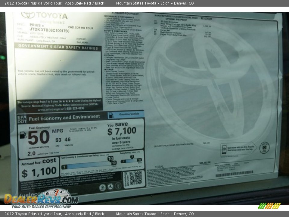 2012 Toyota Prius c Hybrid Four Window Sticker Photo #17