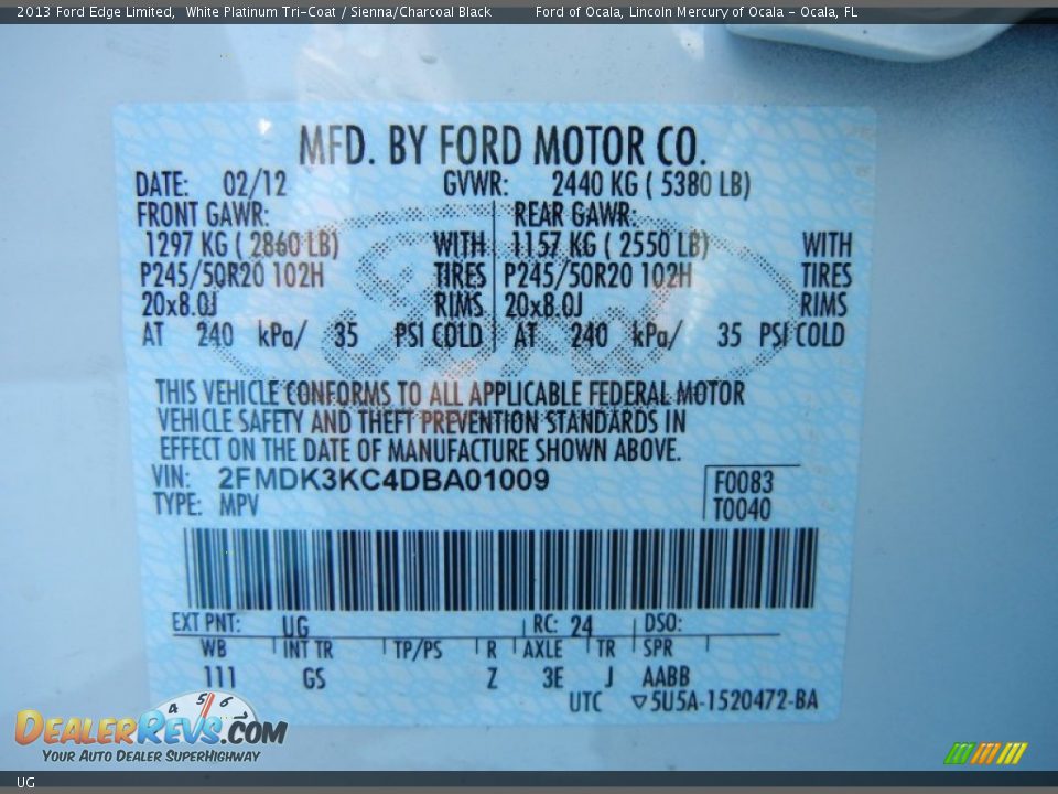 Ford Color Code UG White Platinum TriCoat