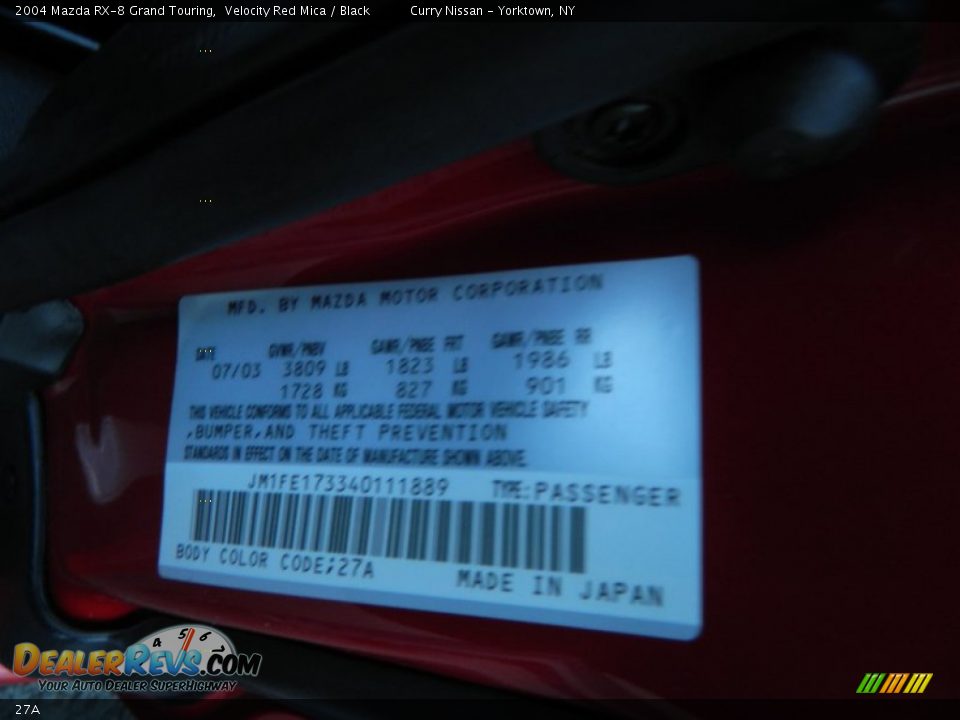 Mazda Color Code 27A Velocity Red Mica