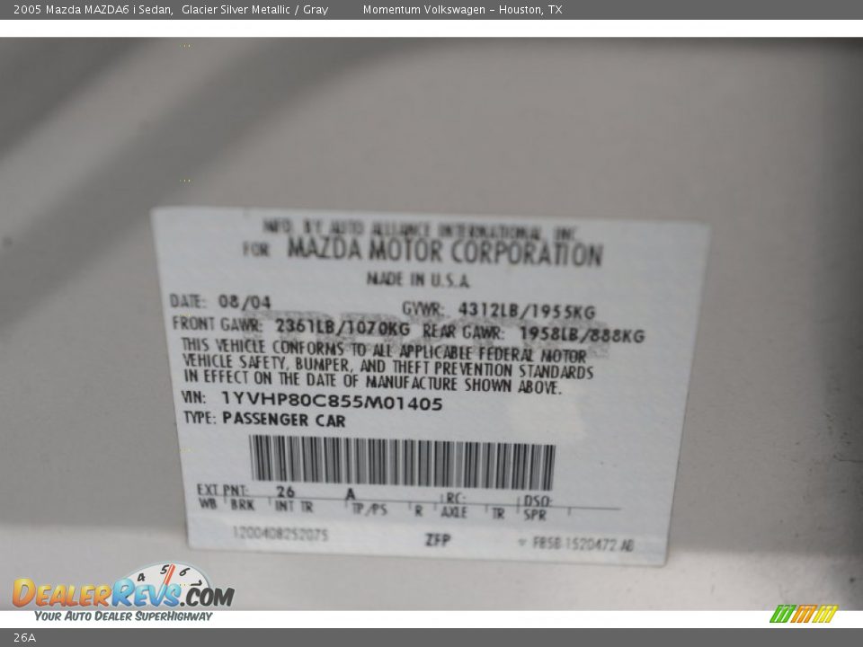 Mazda Color Code 26A Glacier Silver Metallic