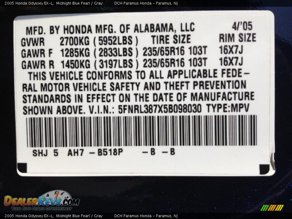 2005 Honda Odyssey EX-L Midnight Blue Pearl / Gray Photo #31