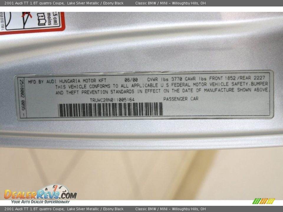 Info Tag of 2001 Audi TT 1.8T quattro Coupe Photo #25