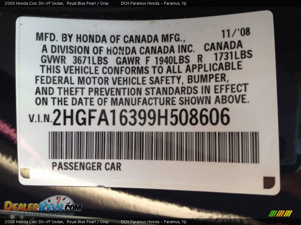 2009 Honda Civic DX-VP Sedan Royal Blue Pearl / Gray Photo #30