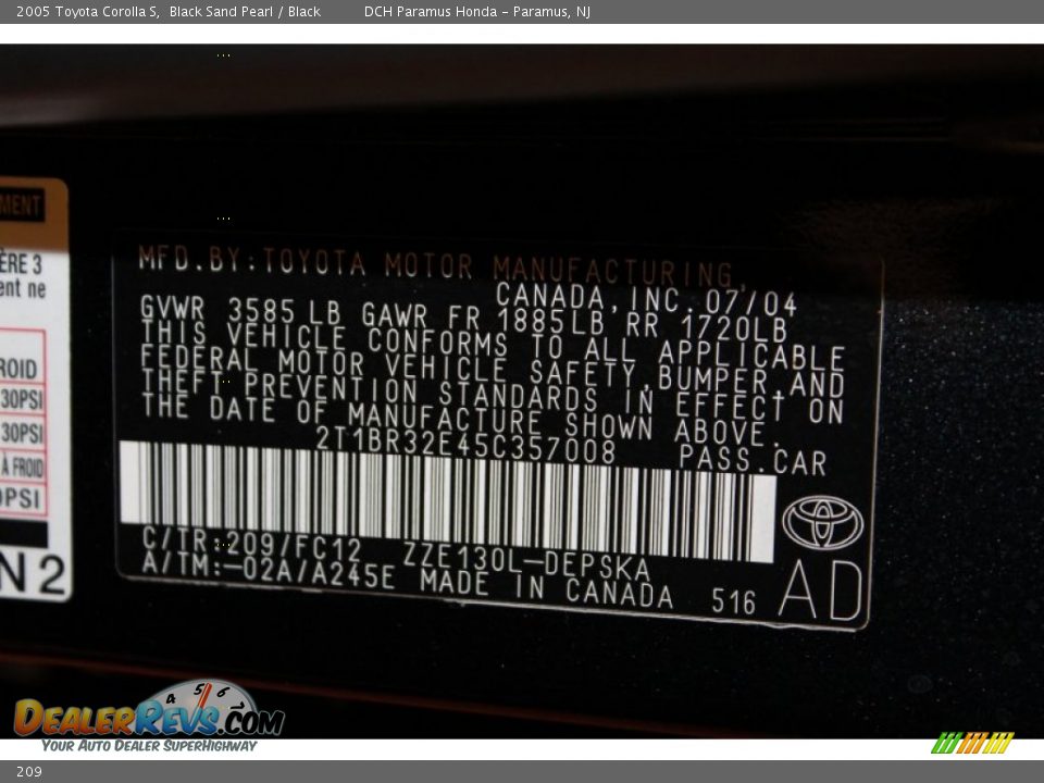 Toyota Color Code 209 Black Sand Pearl