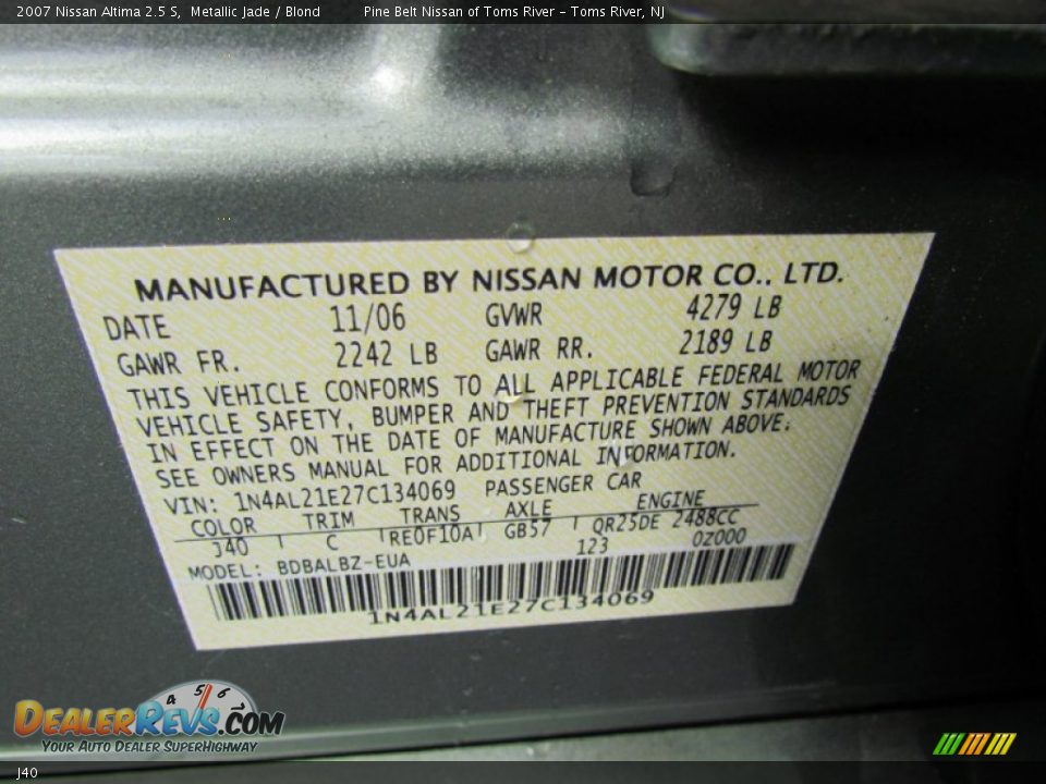 Nissan Color Code J40 Metallic Jade