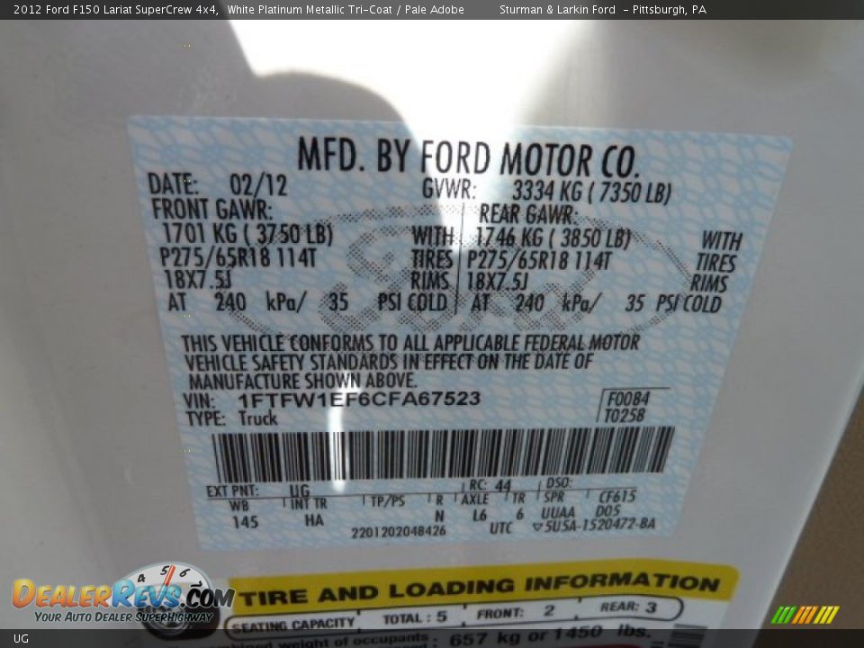 Ford Color Code UG White Platinum Metallic TriCoat