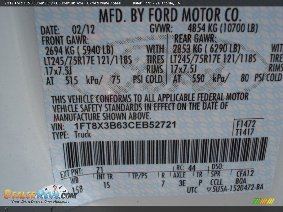 Ford Color Code Z1 Oxford White