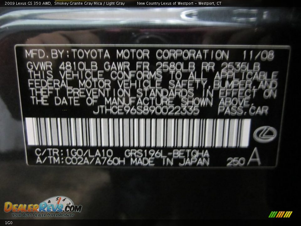 Lexus Color Code 1G0 Smokey Granite Gray Mica