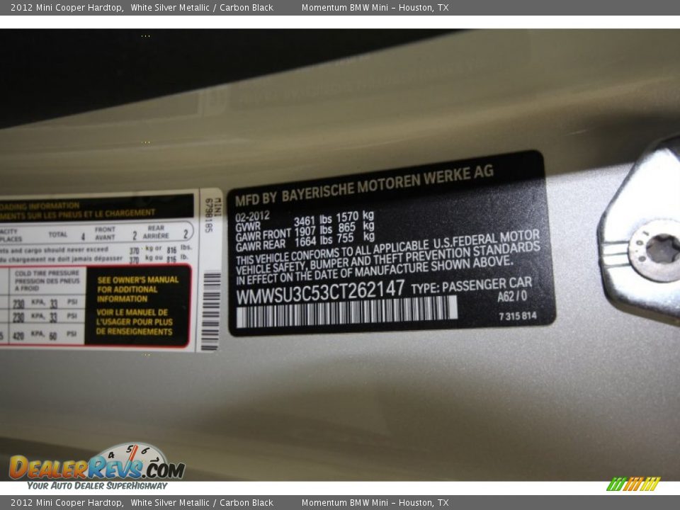 2012 Mini Cooper Hardtop White Silver Metallic / Carbon Black Photo #10