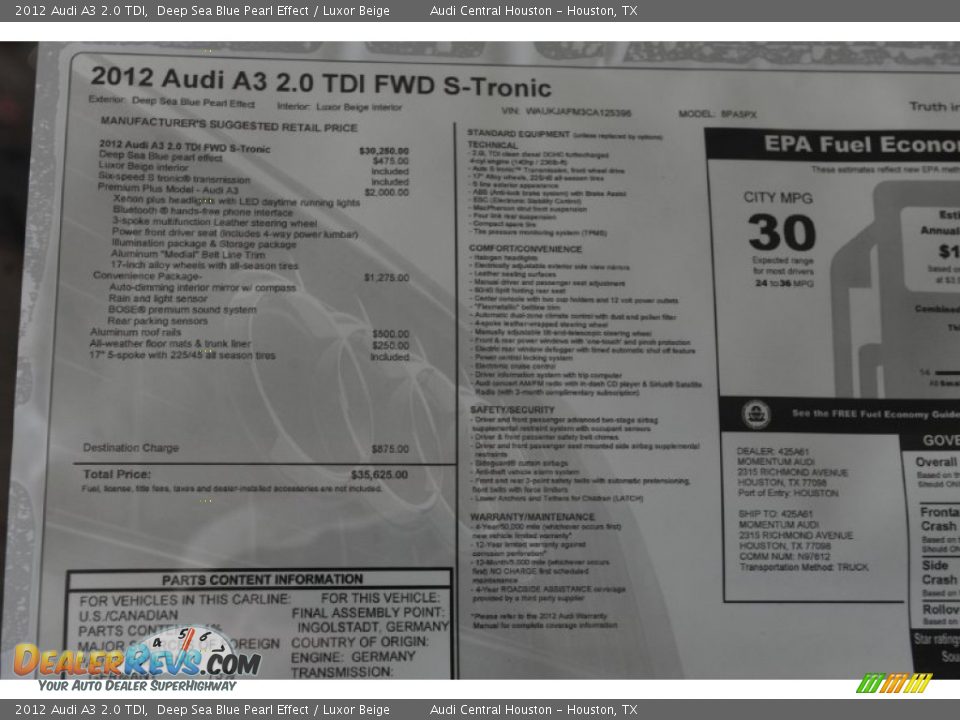 2012 Audi A3 2.0 TDI Window Sticker Photo #23