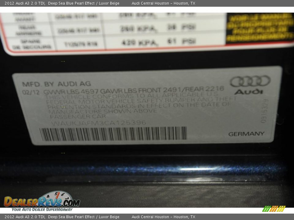 2012 Audi A3 2.0 TDI Deep Sea Blue Pearl Effect / Luxor Beige Photo #27