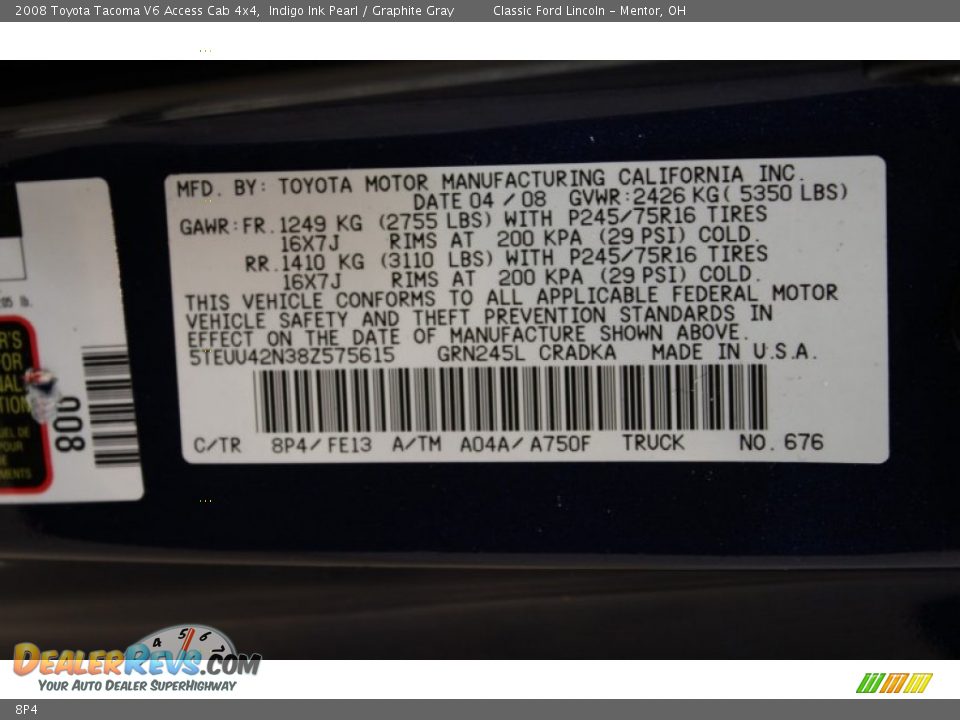 Toyota Color Code 8P4 Indigo Ink Pearl