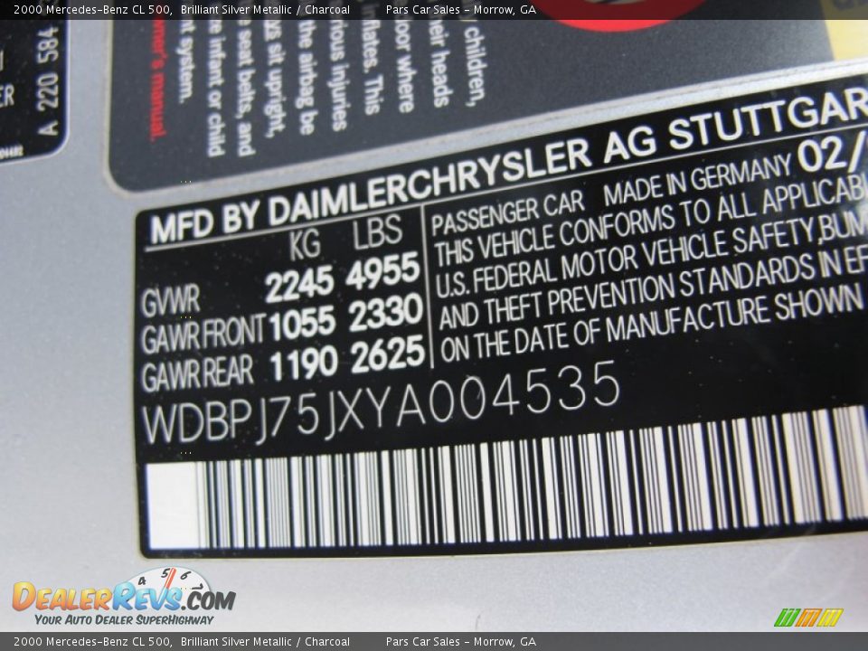 2000 Mercedes-Benz CL 500 Brilliant Silver Metallic / Charcoal Photo #13