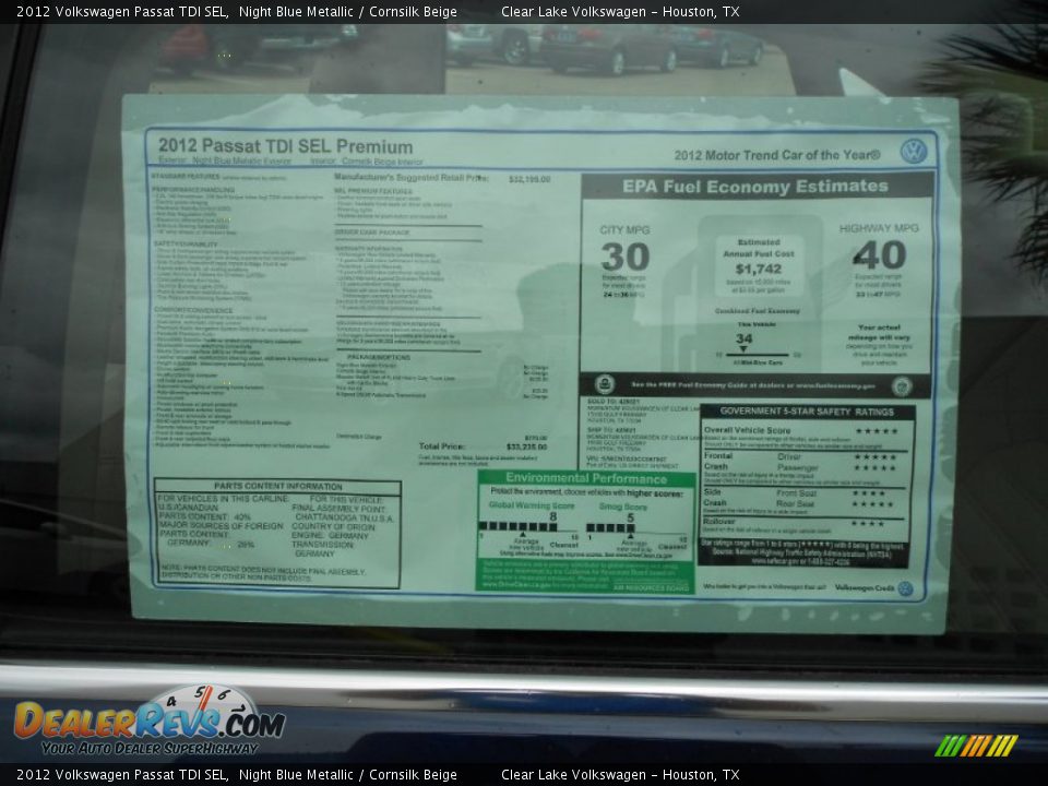 2012 Volkswagen Passat TDI SEL Night Blue Metallic / Cornsilk Beige Photo #22