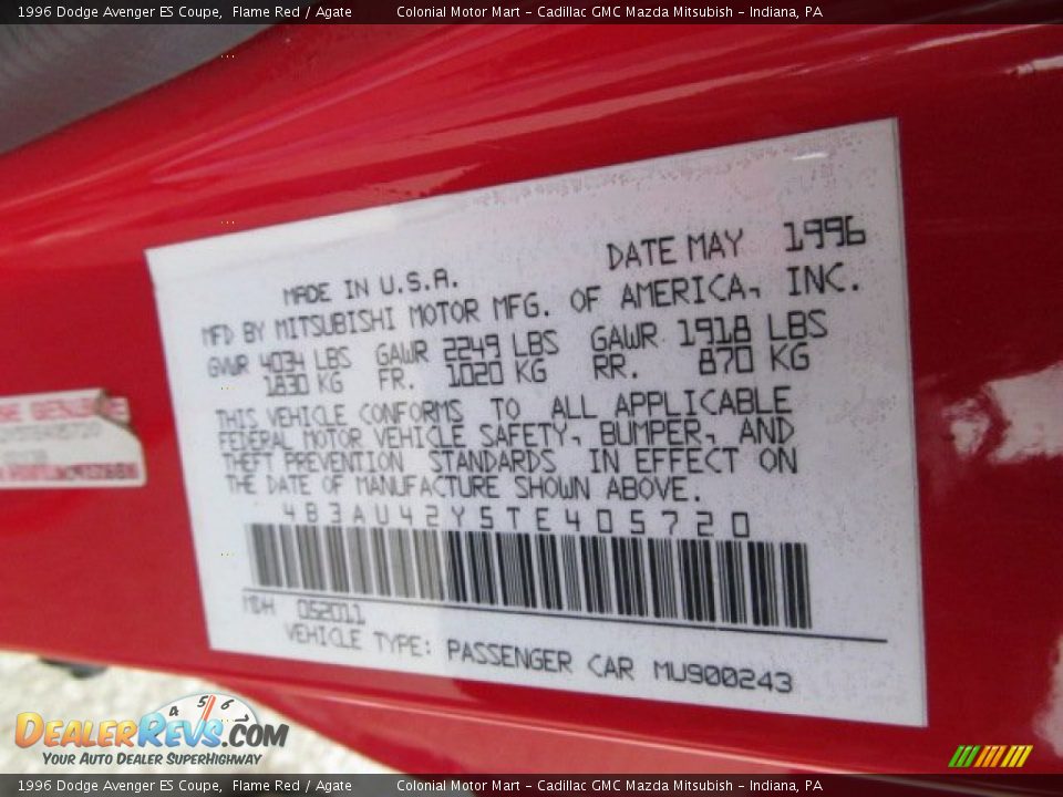 1996 Dodge Avenger ES Coupe Flame Red / Agate Photo #19