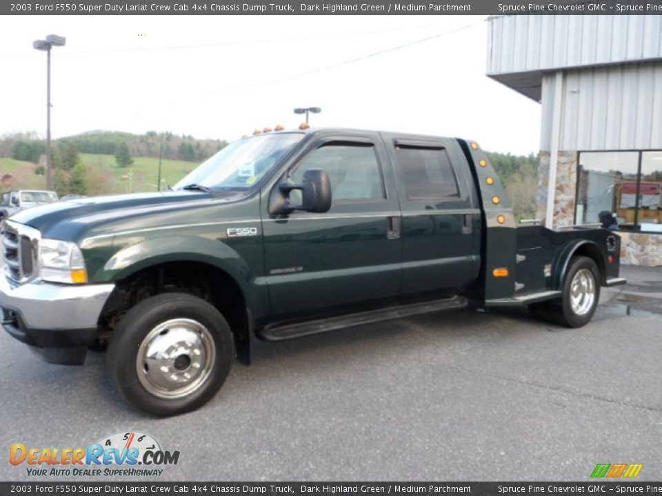 2003 Ford F550 Super Duty Lariat Crew Cab 4x4 Chassis Dump Truck Dark Highland Green / Medium Parchment Photo #1