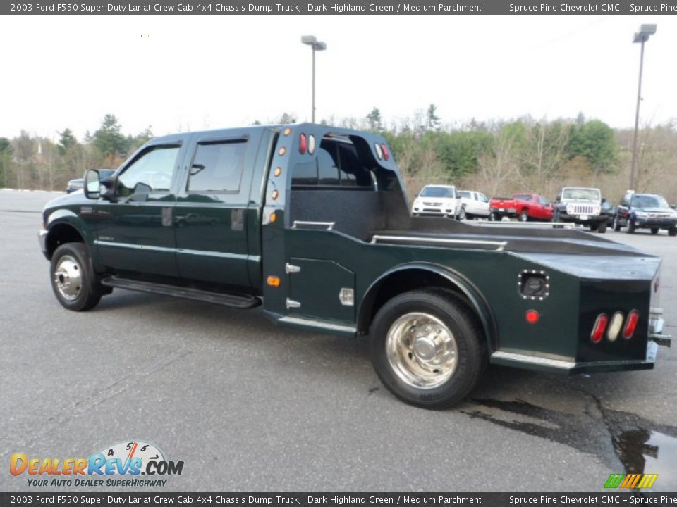 2003 Ford F550 Super Duty Lariat Crew Cab 4x4 Chassis Dump Truck Dark Highland Green / Medium Parchment Photo #3