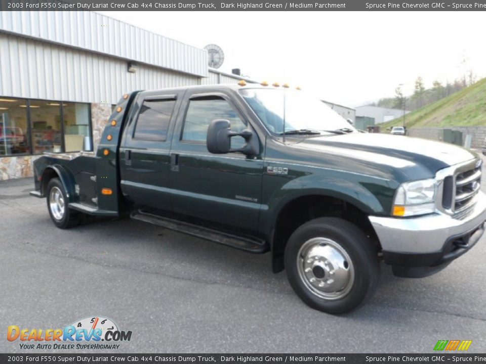 Dark Highland Green 2003 Ford F550 Super Duty Lariat Crew Cab 4x4 Chassis Dump Truck Photo #10