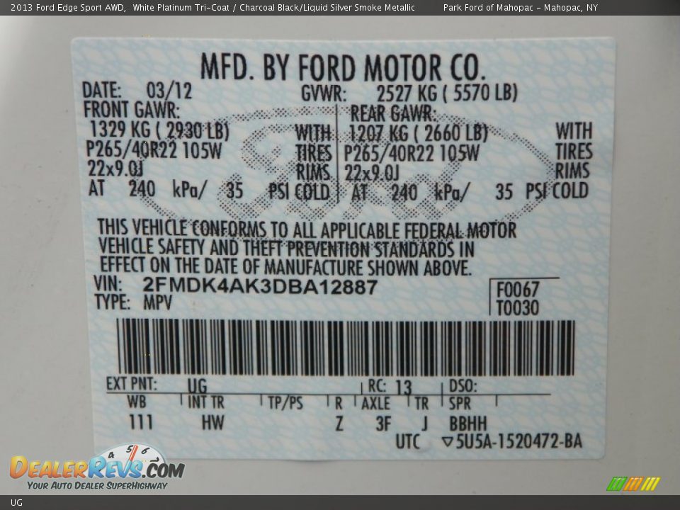 Ford Color Code UG White Platinum Tri-Coat