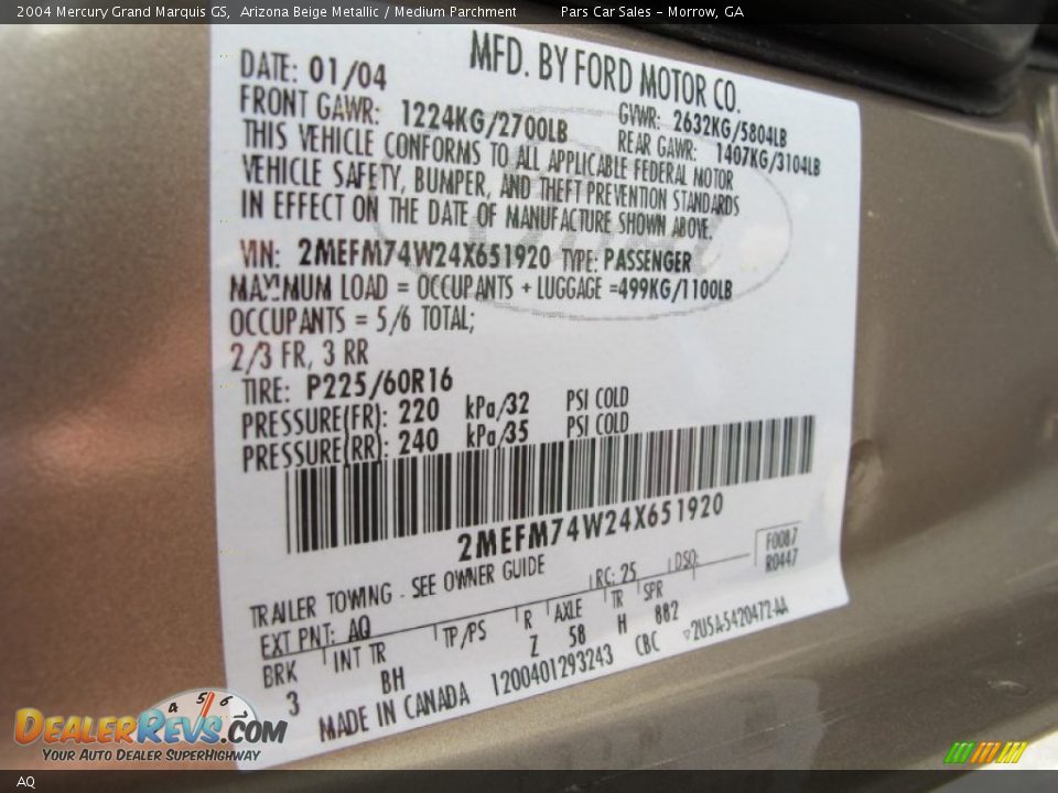 Mercury Color Code AQ Arizona Beige Metallic