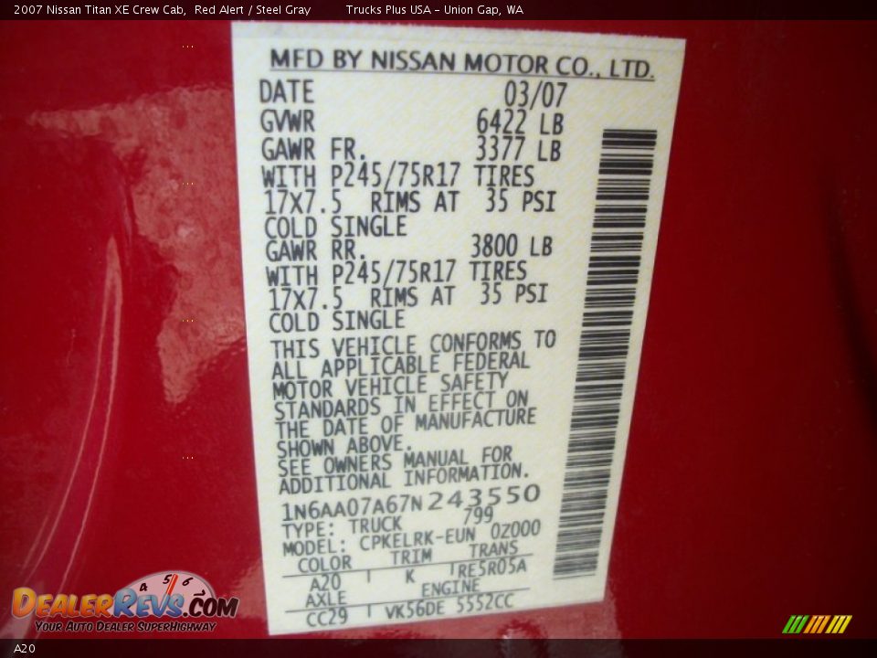 Nissan Color Code A20 Red Alert