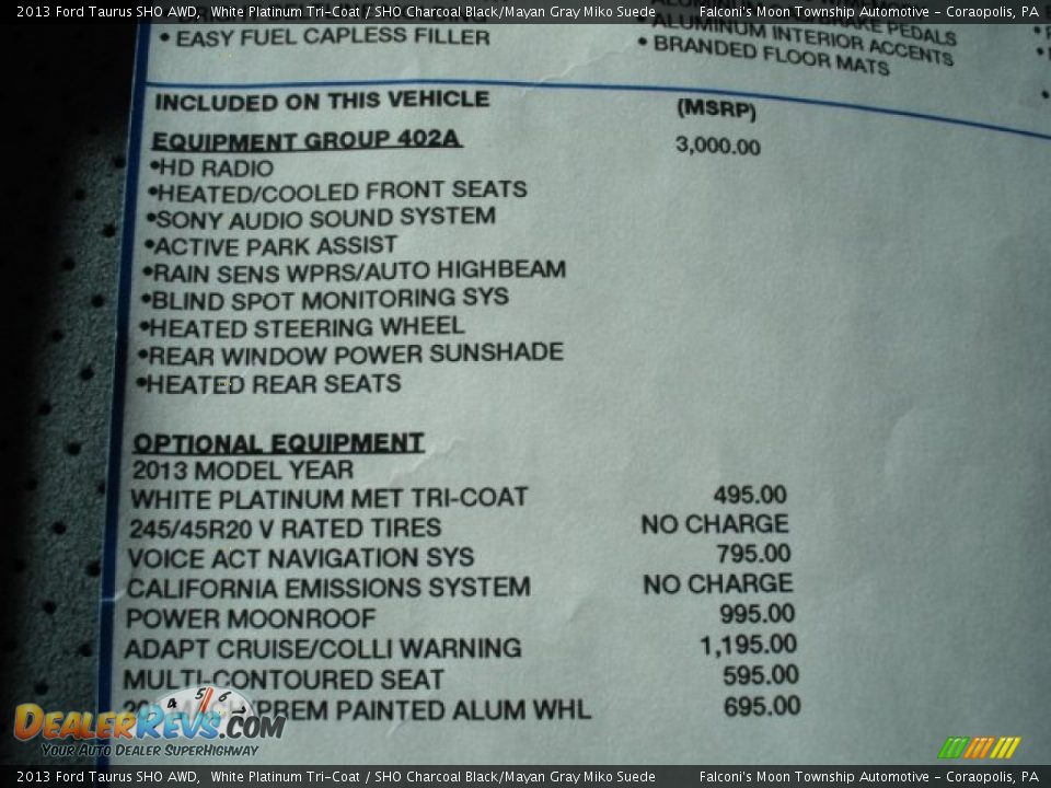 2013 Ford Taurus SHO AWD White Platinum Tri-Coat / SHO Charcoal Black/Mayan Gray Miko Suede Photo #20