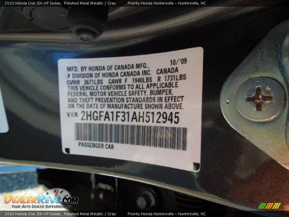 2010 Honda Civic DX-VP Sedan Polished Metal Metallic / Gray Photo #7