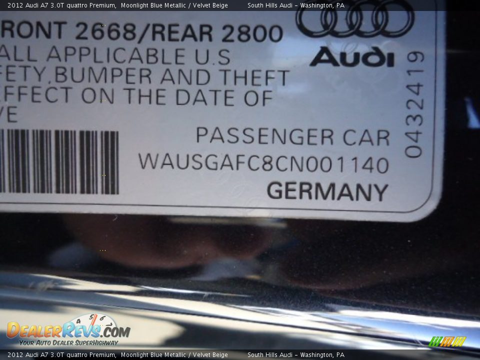 2012 Audi A7 3.0T quattro Premium Moonlight Blue Metallic / Velvet Beige Photo #16