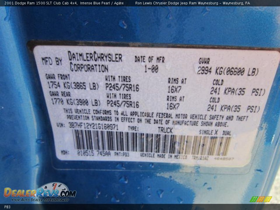 Dodge Color Code PB3 Intense Blue Pearl