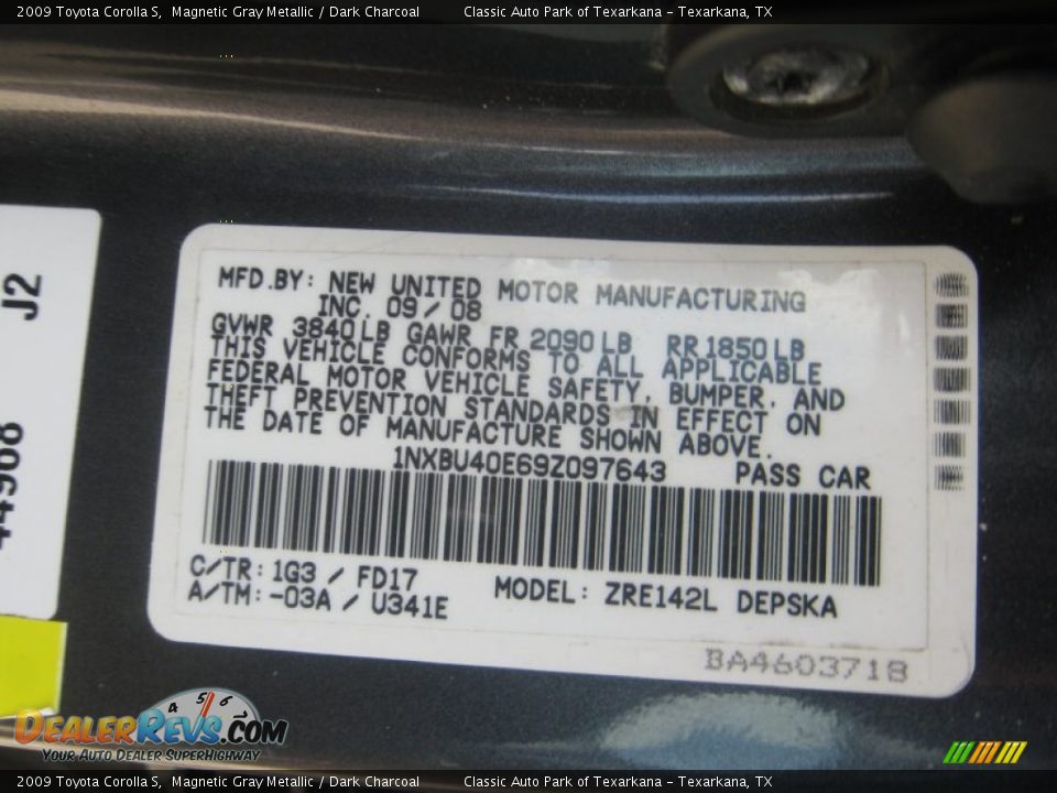 2009 Toyota Corolla S Magnetic Gray Metallic / Dark Charcoal Photo #22