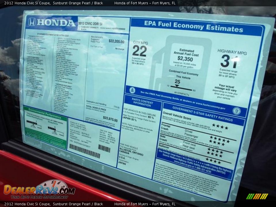 2012 Honda Civic Si Coupe Window Sticker Photo #9