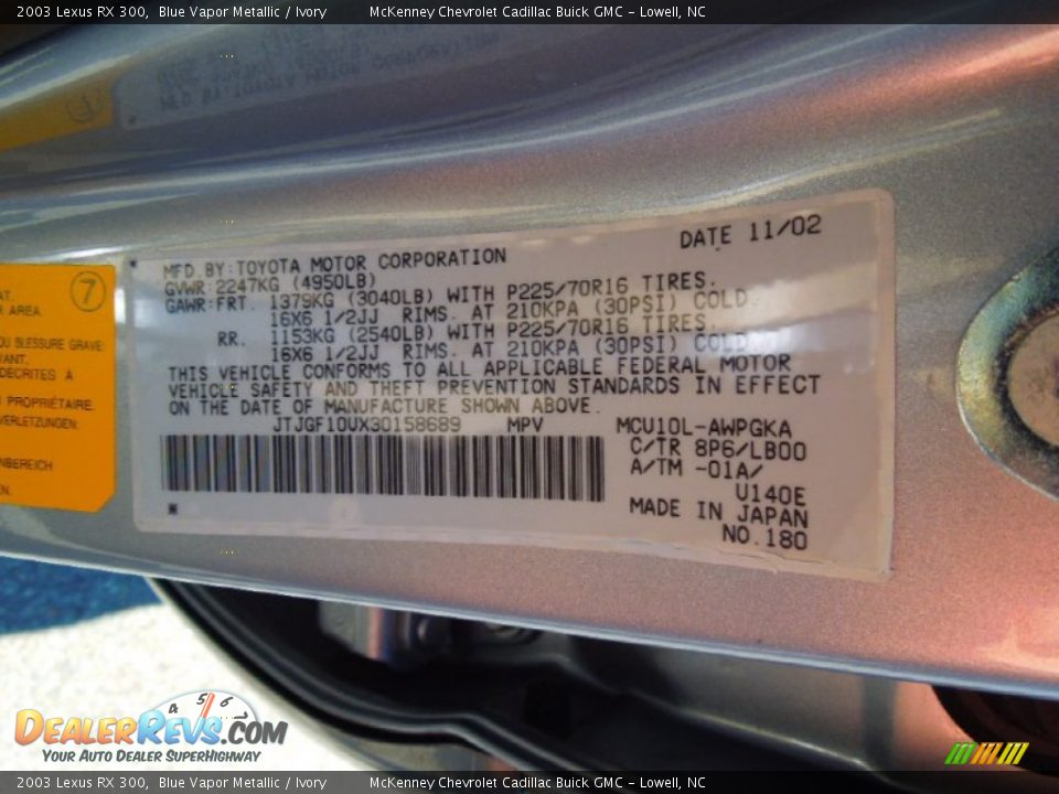 2003 Lexus RX 300 Blue Vapor Metallic / Ivory Photo #7