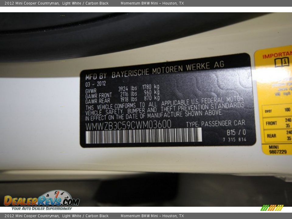 2012 Mini Cooper Countryman Light White / Carbon Black Photo #10