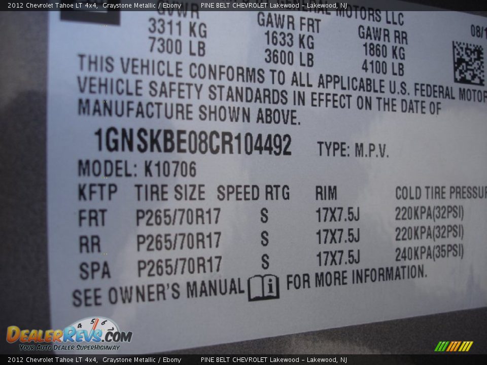 2012 Chevrolet Tahoe LT 4x4 Graystone Metallic / Ebony Photo #15