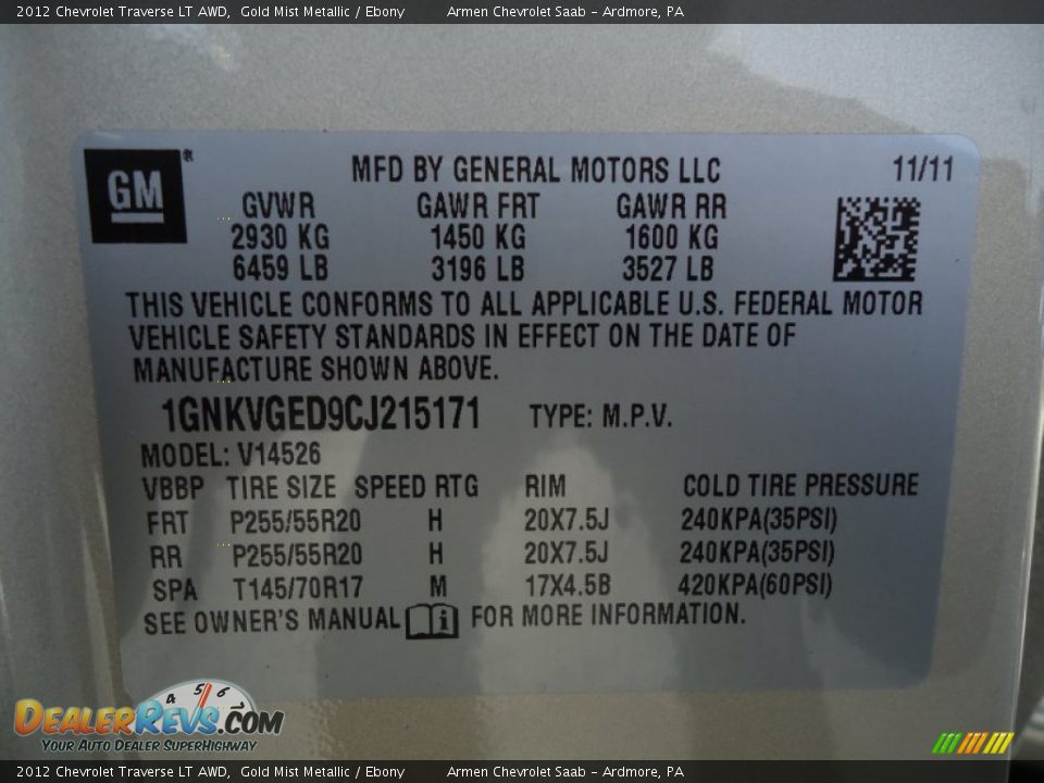 2012 Chevrolet Traverse LT AWD Gold Mist Metallic / Ebony Photo #17