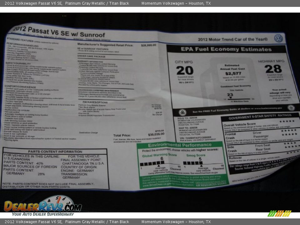 2012 Volkswagen Passat V6 SE Platinum Gray Metallic / Titan Black Photo #17