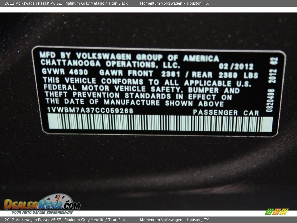 2012 Volkswagen Passat V6 SE Platinum Gray Metallic / Titan Black Photo #25