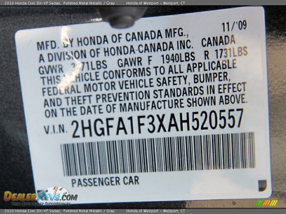 2010 Honda Civic DX-VP Sedan Polished Metal Metallic / Gray Photo #26