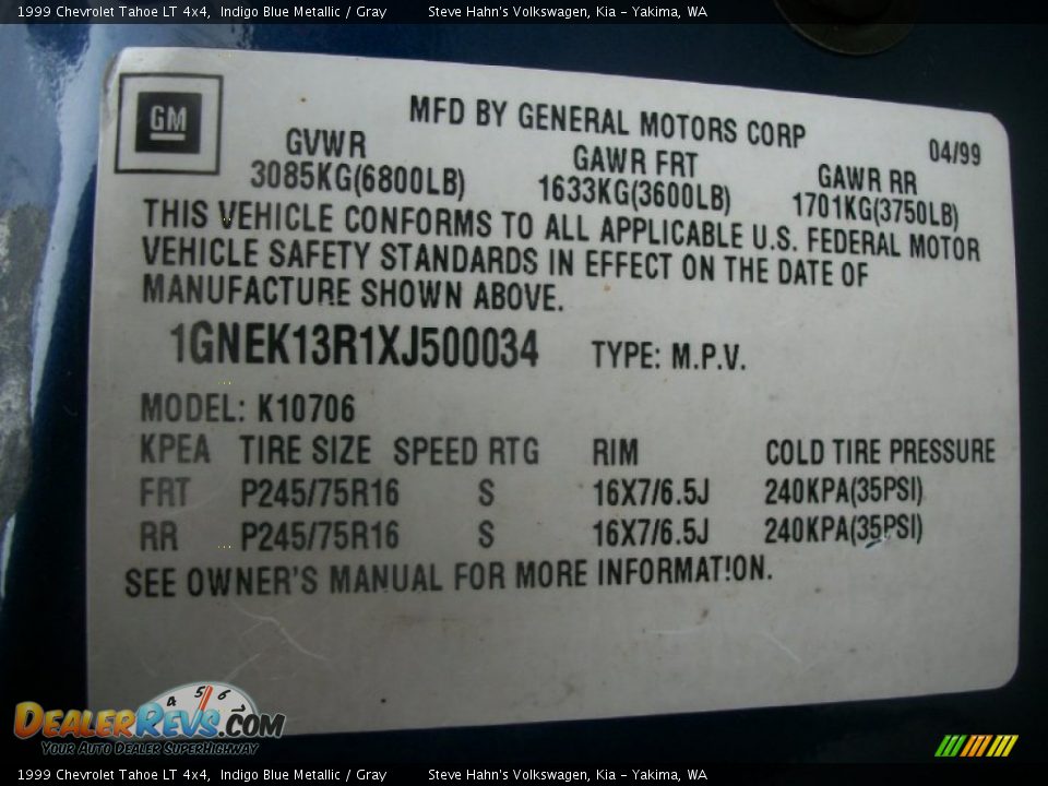 1999 Chevrolet Tahoe LT 4x4 Indigo Blue Metallic / Gray Photo #31