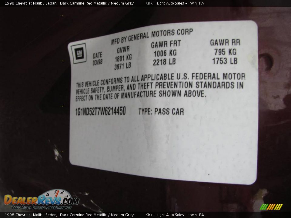 1998 Chevrolet Malibu Sedan Dark Carmine Red Metallic / Medum Gray Photo #18