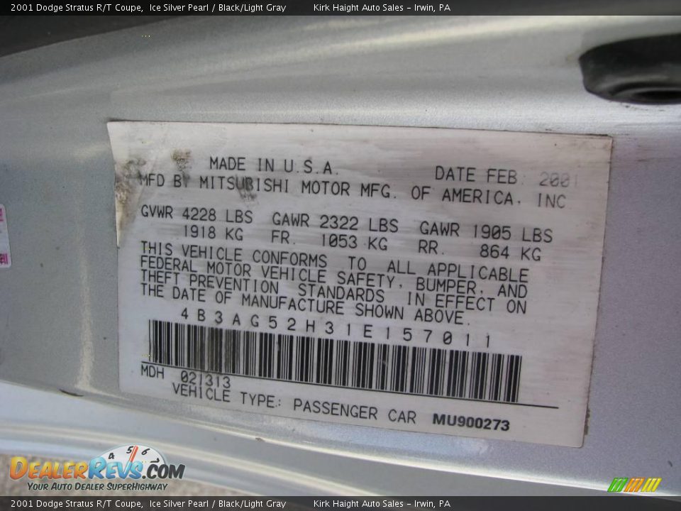 2001 Dodge Stratus R/T Coupe Ice Silver Pearl / Black/Light Gray Photo #19