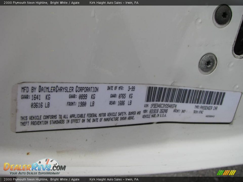 2000 Plymouth Neon Highline Bright White / Agate Photo #19
