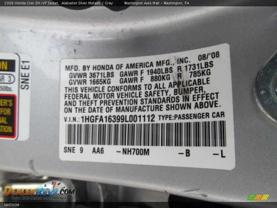 Honda Color Code NH700M Alabaster Silver Metallic