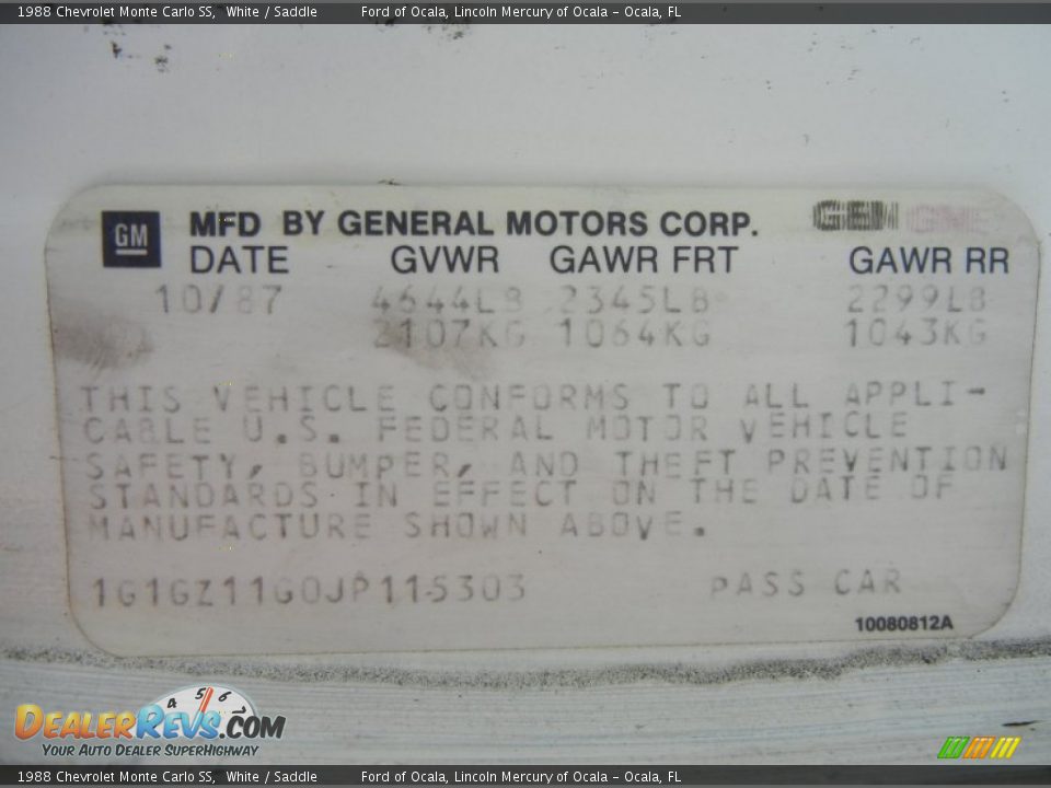 1988 Chevrolet Monte Carlo SS White / Saddle Photo #34