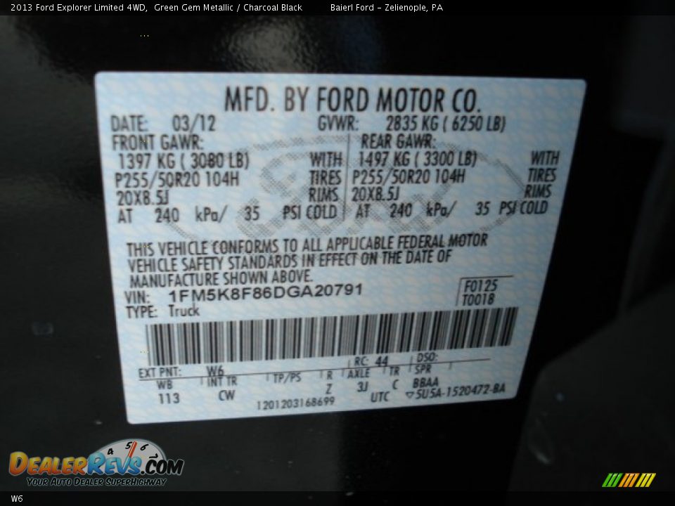Ford Color Code W6 Green Gem Metallic