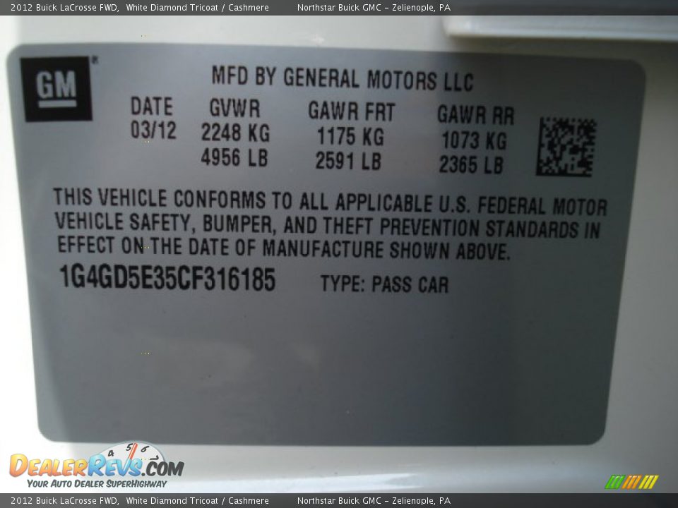 2012 Buick LaCrosse FWD White Diamond Tricoat / Cashmere Photo #20